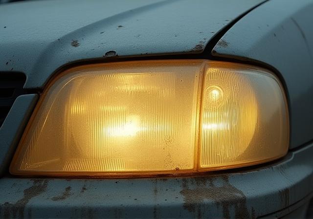 A clouded, yellowed car headlight, significantly reducing visibility.