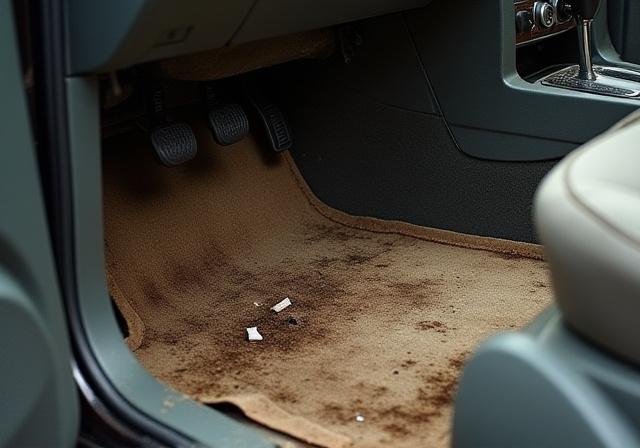 A car interior with cluttered seats and dirty floor mats.