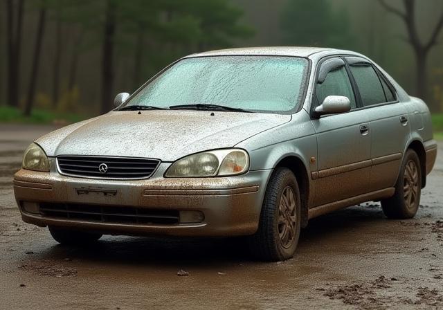 A silver sedan covered in mud and road grime before being washed.